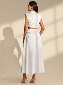 Almamuse All White Split Textured Stand Collar Casual Dress With Cap Sleeves, Spring/Summer Maxi Dress With Pockets - White - View 2