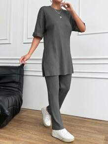 EURMUSE 2Pcs Women Summer Casual Simple Solid Ribbed Top And Pants Set - Dark Grey - View 5