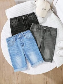 SHEIN 青少年男童三件套休闲街头风卷边做旧牛仔短裤，夏季，学校，校园，大学 - 彩色 - 查看 7