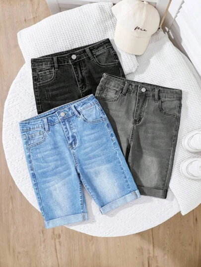 SHEIN Tween Boy 3pcs Casual Street Cuffed Hem Distressed Denim Shorts, Summer, School, Campus, College