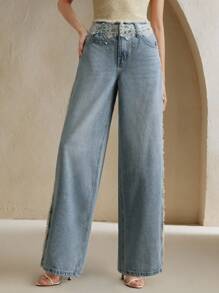 Anewsta Quần Jeans Ống Thẳng Đính Đá Ren Eo Đơn Giản Cho Nữ - Màu xanh lam - Xem 3