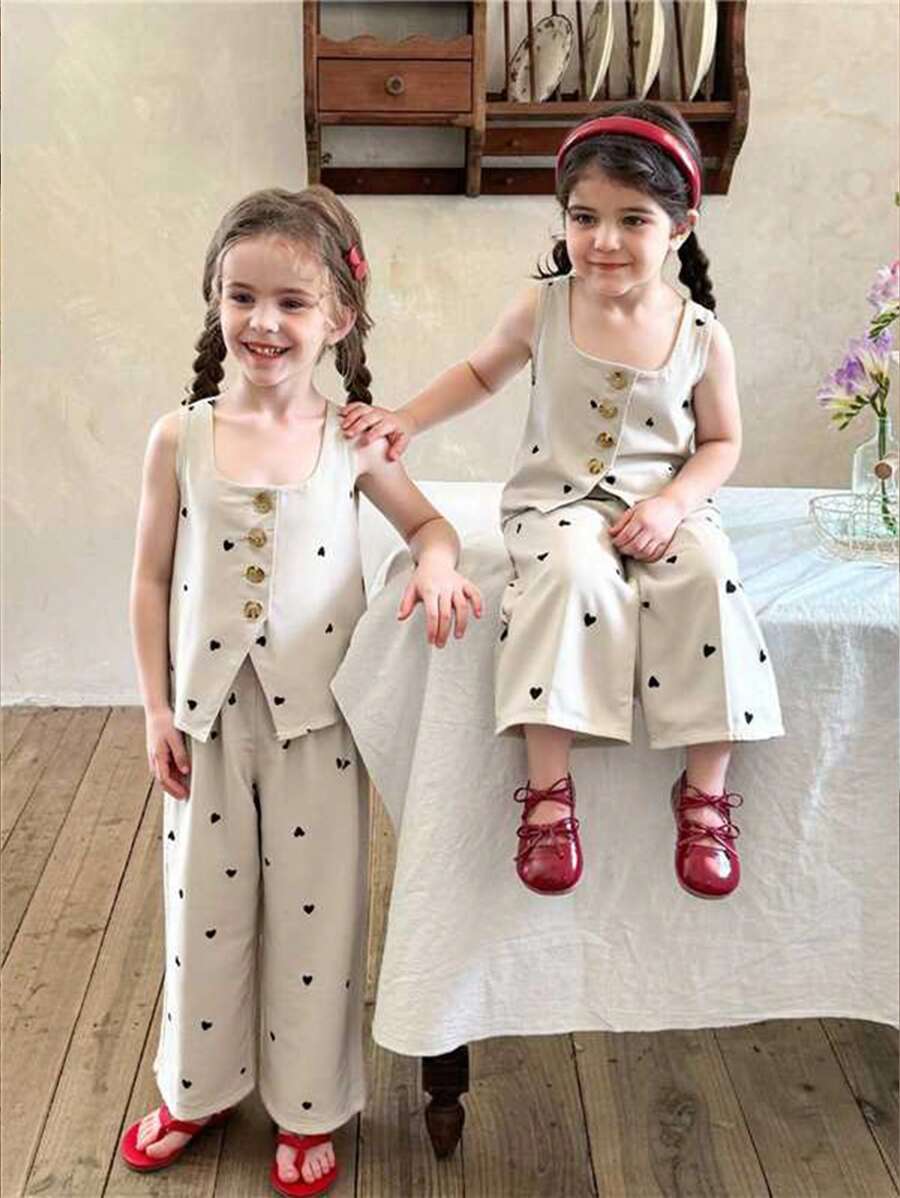 LMoss Kids LMoss 女婴纯色梭织休闲爱心图案上衣和宽松裤子两件套 - 杏色 - 查看 1