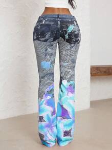 Jeanoix 大码时尚休闲全印花喇叭牛仔裤 - 彩色 - 查看 2