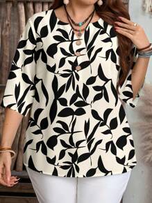 EMERY ROSE 大码女式夏季休闲黑白树叶印花衬衫，假日风格 - 黑與白 - 查看 5