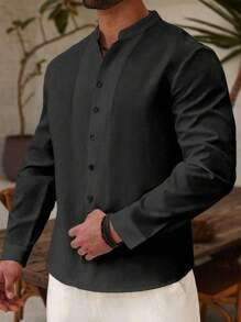 Genlund 大码男士休闲纽扣长袖衬衫，简约日常穿着 - 黑色 - 查看 4