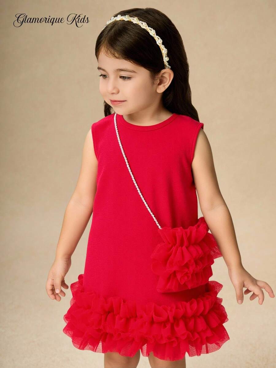 SHEIN Glamorique Kids 2件套女婴甜美可爱网纱薄纱公主裙带收纳袋 - 紅色 - 查看 1