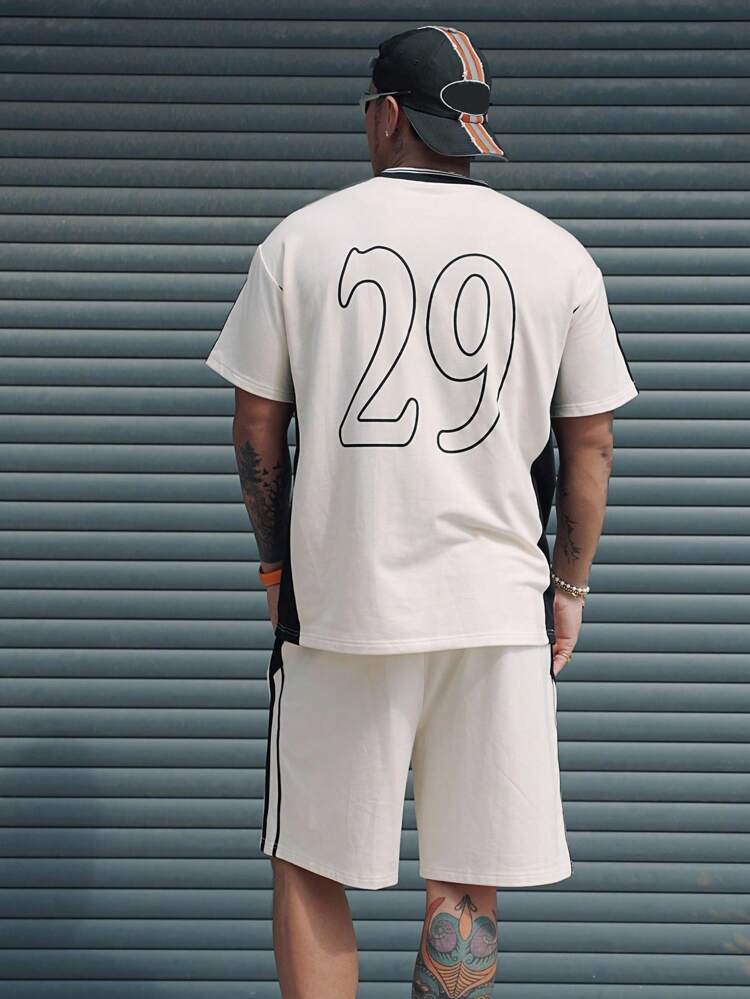 Summer Men's Letter Print Splicing Contrast Stripe Sports Style White Jersey T-Shirt Set