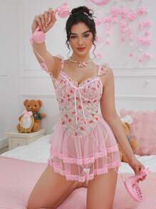 SHEIN 2 件套女士性感蕾丝撞色网眼睡袍（带钢圈、丁字裤），外出 - 粉色 - 查看 6