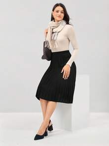 Miaspire Summer Elegant Elastic Waist Pleated Midi Skirt - Black - View 5