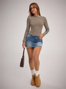 SHEIN Forever 21 女式秋季条纹船领长袖修身休闲T恤 - 咖啡棕 - 查看 3