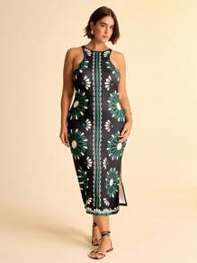 CAJUNI Damen Große Größen Boho Tropical Muster Grün ärmelloses Bodycon Maxikleid, schwarzes lässiges Urlaubs-Maxikleid - Verschiedenfarbig - Übersicht 1