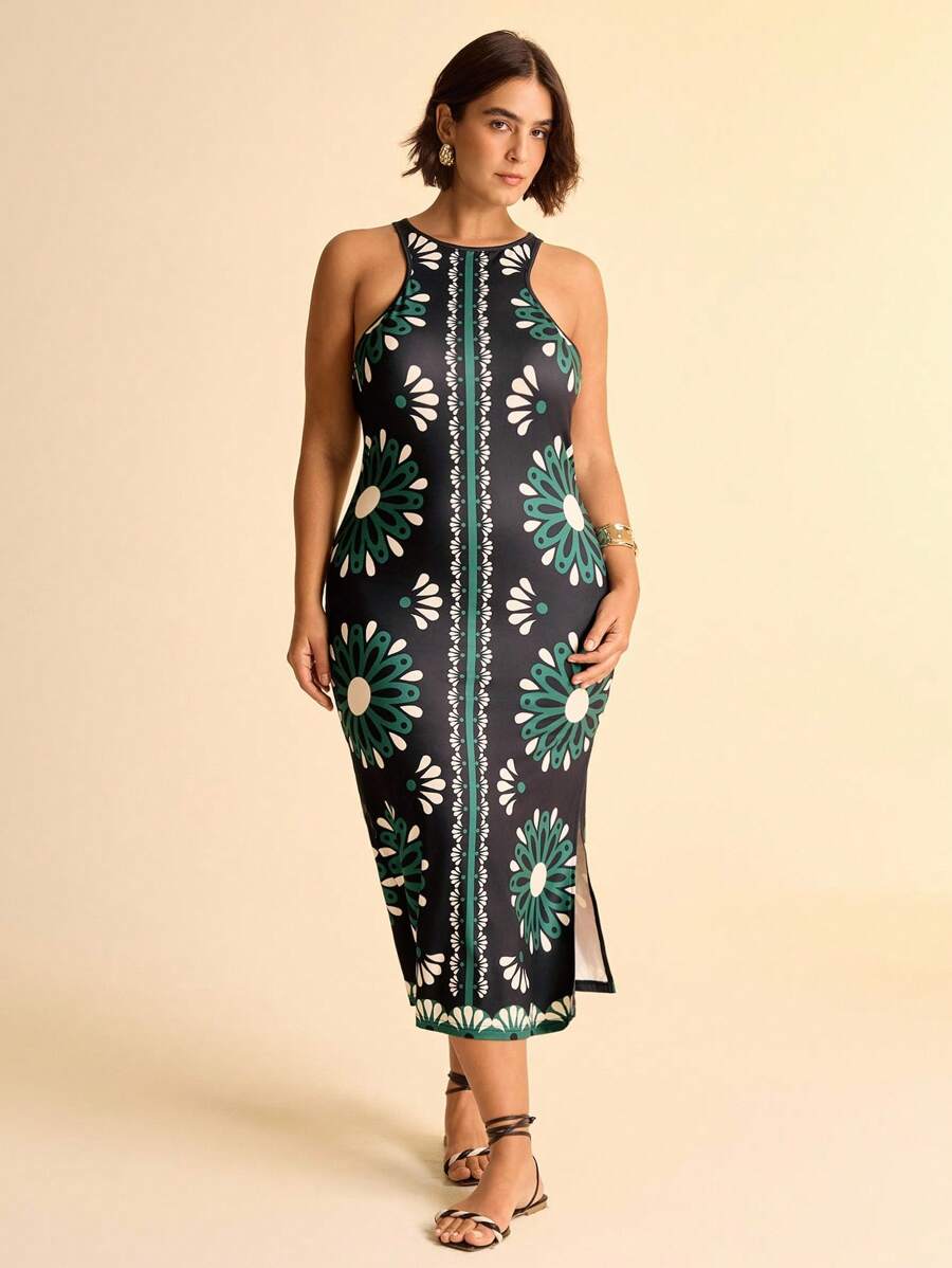 CAJUNI Damen Große Größen Boho Tropical Muster Grün ärmelloses Bodycon Maxikleid, schwarzes lässiges Urlaubs-Maxikleid - Verschiedenfarbig - Übersicht 1