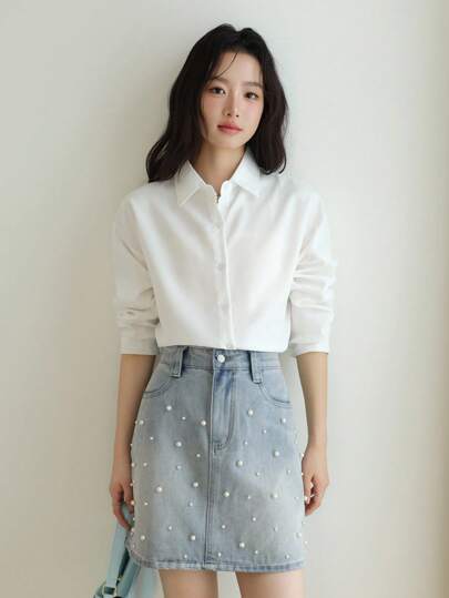 K-Vae Falda vaquera azul denim vintage de color claro casual con diamantes para mujer, ropa de mujer de estilo coreano para otoño, atuendos de maestra para mujeres, ropa escolar, estilo de dinero antiguo