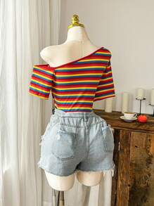 SHEIN CovetEZ Plus Size Colorful Striped Asymmetrical Collar Casual Bodysuit, Summer - Multicolor - View 2