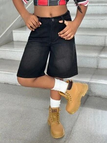 Tween Girls Fashion Casual Y2k Vintage Cool Comfortable Soft Breathable Black Loose Denim Shorts For Tween Girl Clothes Girls Costume Dailywear And Tween Girl Fall And Autumn Or Winter Clothes Back To School Homecoming Rave Outfits Festival And Beach Outfits Streetwear School Clothes Bermuda Shorts Teen Girls Jean Shorts Y2k