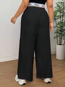 SHEIN EZwear Plus Size Women's Black Woven Loose Wide Leg Pants, Summer - Black - View 2