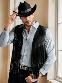 HIMLAND Men's Casual PU Leather Sleeveless Fringed Solid Color Western-Style Vest, Country Concert Cowboy Vest, Grunge - Black - View 5