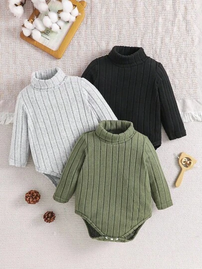 SHEIN Playful Pals Set de 3 bodys con cuello alto acanalado y forro térmico para bebé niño, color: marrón, adecuado para otoño/invierno, con pies y cierre a presión en la parte inferior