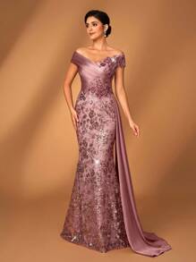 Serin Vestido elegante y de lujo con un solo hombro, bordado con lentejuelas, parches de encaje y volantes de satén, bajo de cola de pez, diseño de drapeado lateral, adecuado para bodas, fiestas, vacaciones, bailes de graduación, vestido de noche