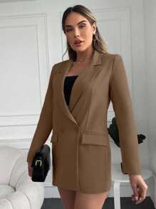EURMUSE 女式纯色翻领长袖双排扣休闲西装外套 - 摩卡棕 - 查看 5