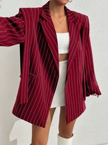 SHEIN Cottnline Women's Navy Striped Casual Blazer Jacket - Burgundy - View 4