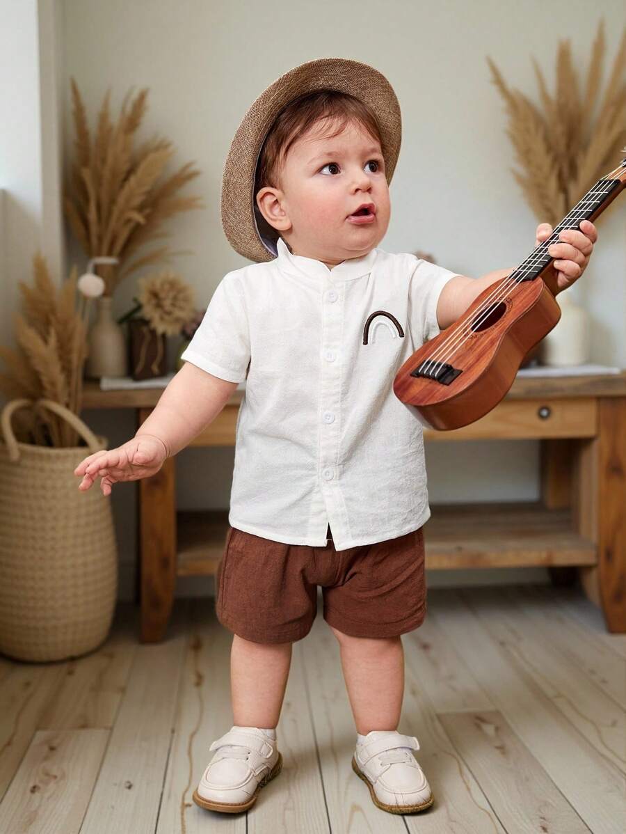 SHEIN Vintaside Kids Baby Boy Rainbow Embroidery Shirt & Shorts Set - Multicolor - View 1