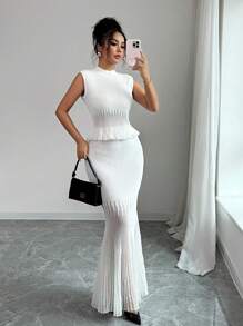 Elenzga 2 件套婚礼宾客礼服套装，优雅浪漫针织和欧根纱拼布服装，复古白色风格女士服装，适合所有季节 - 白色 - 查看 3