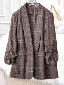 SHEIN Clasi 大码女式千鸟格领褶饰长袖休闲西装外套 - 紅色 - 查看 9