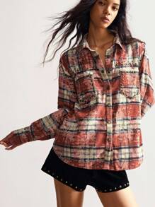 Bohemela Women Summer/Autumn Fall Casual Vacation Woven Plaid Hippie Studded Detail Long Sleeve Loose Fit Shirt, Bohomian Style Vacation, Suitable For Music Festival - Multicolor - View 6