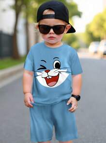 SHEIN Leap Crew Baby Jungen Lässig Kurzarm Shorts Set mit Katzen Muster, geeignet für den Sommer