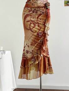 Soleia 女士优雅花卉印花不对称下摆荷叶边装饰修身 A 字裙，度假风格 - 彩色 - 查看 6