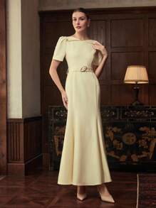 ZEYLAH Sukienka damska w jednolitym kolorze z krótkim bufiastym rękawem i eleganckim wykończeniem w kształcie ryby - Żółty - Zobacz 4