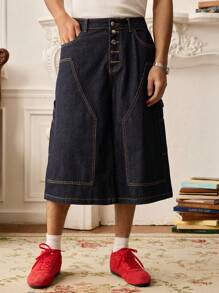 SWAVVY 个性化时尚纽扣口袋阔腿男士牛仔短裤 - 藍色 - 查看 3