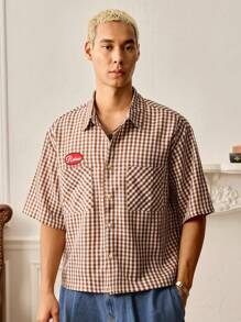 SWAVVY Men's Summer Casual Street College Style Letter Embroidery Gingham Print Patchwork Pocket Loose Shirt - Brown - View 3
