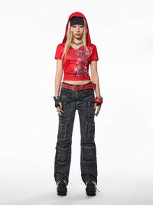 SHEIN HypeZone Áo thun tay ngắn có mũ thời trang ngoài trời cá tính dành cho nữ, mùa hè - Đỏ - Xem 2