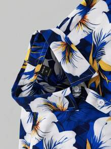 Manfinity RSRT 男士热带植物印花短袖衬衫，适合休闲运动、日常通勤、度假和返校，是男朋友、老公和情侣装的首选男士夏威夷衬衫 - 藍色 - 查看 5