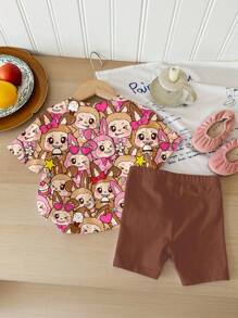 SHEIN 2 件套年轻女孩休闲简约宽松圆领短袖 T 恤和紧身骑行短裤，粉色系，可爱又俏皮，适合夏季 - 彩色 - 查看 2