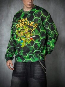 TEENAGE MUTANT NINJA TURTLES | SHEIN 男士休闲街头卡通字母超大落肩宽松套头衫，夏季 - 綠色 - 查看 6