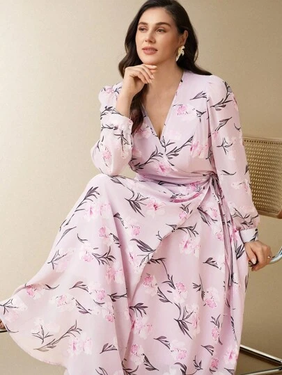 Flouryn 优雅舒适大码女式花卉印花长袖度假连衣裙