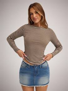 SHEIN Forever 21 女式秋季条纹船领长袖修身休闲T恤 - 咖啡棕 - 查看 5