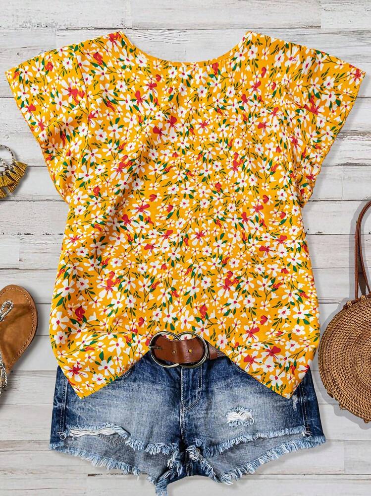 EMERY ROSE Women's Ditsy Floral Regular Fit Vacation Daily Casual Office Commute Ruffle Sleeve Shirt - Multicolor - View 2