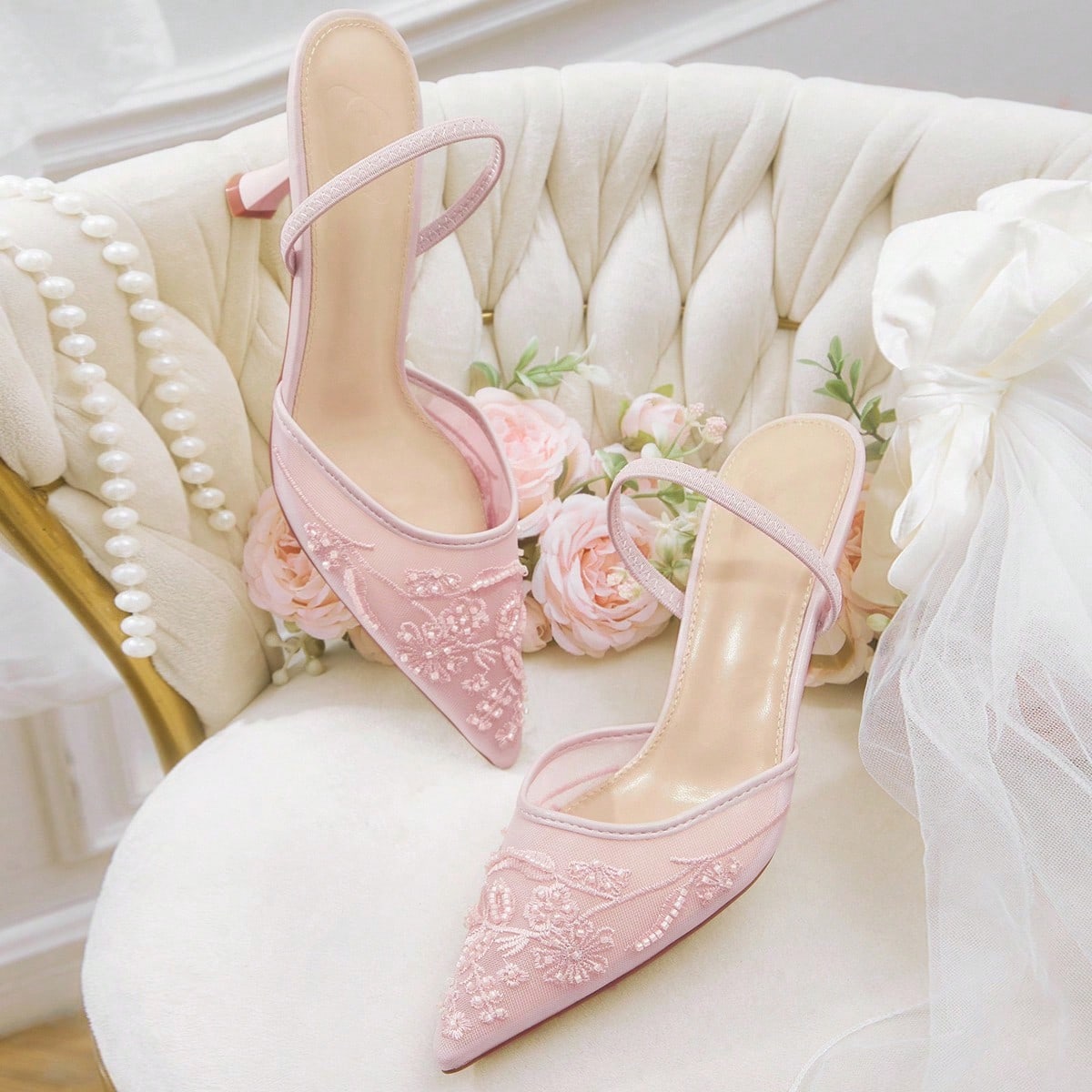 Zapatos de tacón alto elegantes de malla champán con punta puntiaguda y bordados de encaje para mujer, zapatos de novia para citas románticas, boda