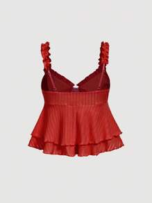 SHEIN MOD Top sin mangas con volantes de estilo romántico y campestre, adecuado para vacaciones, picnics, citas, estilo bohemio - Rojo - Ver 2