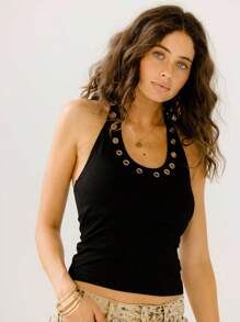 Aralina 黑色孔眼挂脖修身牛仔女牛仔节休闲可爱夏季挂脖上衣 - 黑色 - 查看 3