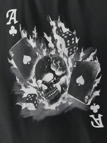 EASEVO 加大码男士骷髅头和扑克牌印花圆领宽松休闲短袖T恤 - 黑色 - 查看 4