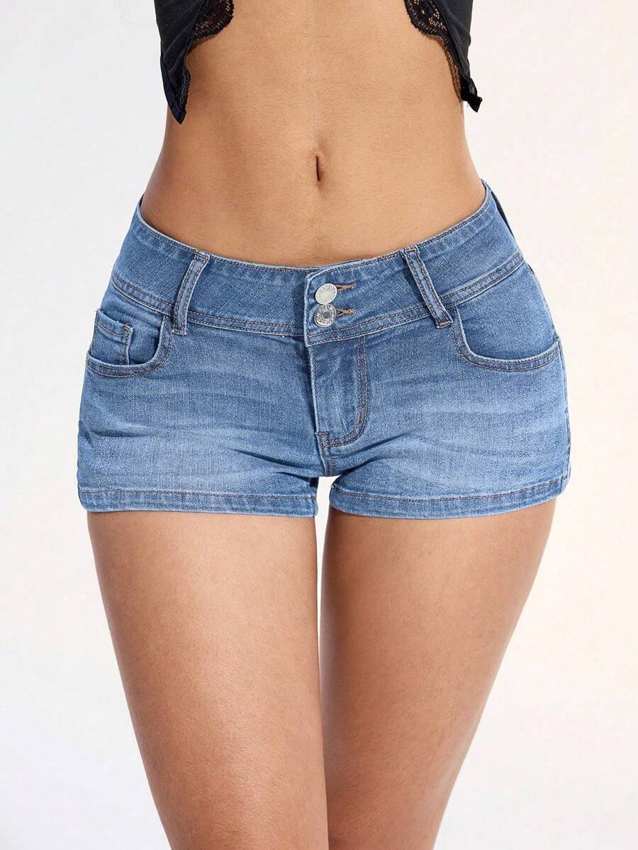 SHEIN Tall 低腰双扣宽腰带水洗迷你牛仔短裤