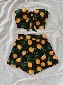Soleia 2pcs/Set Casual Minimal Lemon Print Women's Outfit Suitable For Summer Suitable For Going Out - Black - View 7