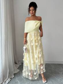 Elenzga Women's Summer Holiday Bohemian Bowknot Off Shoulder Mesh Embroidered A-Line Dress - Butter Yellow - View 6