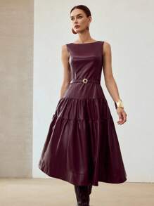 MOTF PREMIUM Ärmeloses Kleid aus PU-Leder mit durchgehendem Strass, Metalltaille und Glockenrock - Bordeaux - Übersicht 6