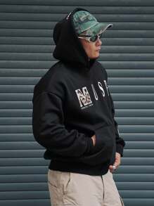 DAZY Letter Embroidered Street Style Men's Hoodie, Autumn - Black - View 4